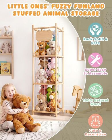 Stuffed Animal Storage Holder, Kids Plushies Toy Storage Organizer with Cute Sticker, 54In Wood Stuffed Animal Zoo Storage, Toy Shelf for Boys Girls, Ideal for Nursery, Playroom, Bedroom, Toddler Room in Kuwait