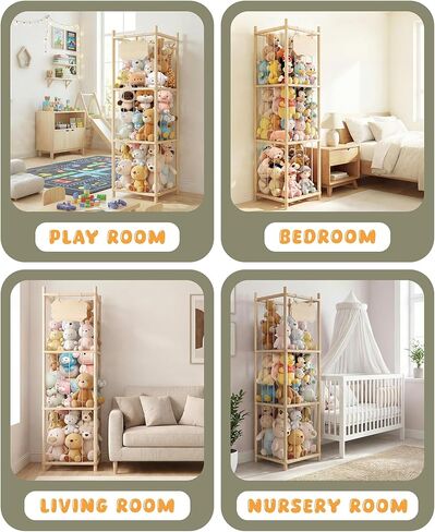 Stuffed Animal Storage Holder, Kids Plushies Toy Storage Organizer with Cute Sticker, 54In Wood Stuffed Animal Zoo Storage, Toy Shelf for Boys Girls, Ideal for Nursery, Playroom, Bedroom, Toddler Room in Kuwait