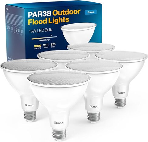 Sunco 6 حزمة 1800 لومن ضوء الفيضانات LED في الهواء الطلق للماء PAR38 لمبة LED، عكس الضوء، 15W = 150W، 5000K ضوء النهار، قاعدة E26، UL Energy Star مدرجة in Kuwait