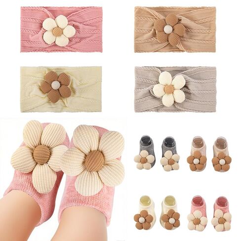 Baby Girl Headband and Socks,Cute Flower Non-Slip Grip Socks and Soft Hairbands Hair Accessories Sets for Babies Toddler Newborn Infant Girl in Kuwait