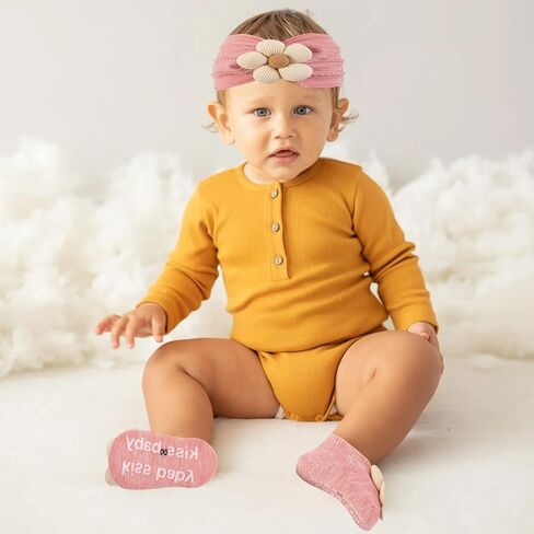 Baby Girl Headband and Socks,Cute Flower Non-Slip Grip Socks and Soft Hairbands Hair Accessories Sets for Babies Toddler Newborn Infant Girl in Kuwait