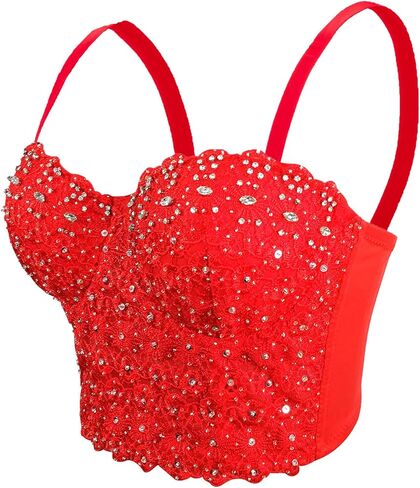 Chenyi Women's Lace Rhinestone Bustier Corset Wedding Party Crop Top Bra Vest in Saudi Arabia