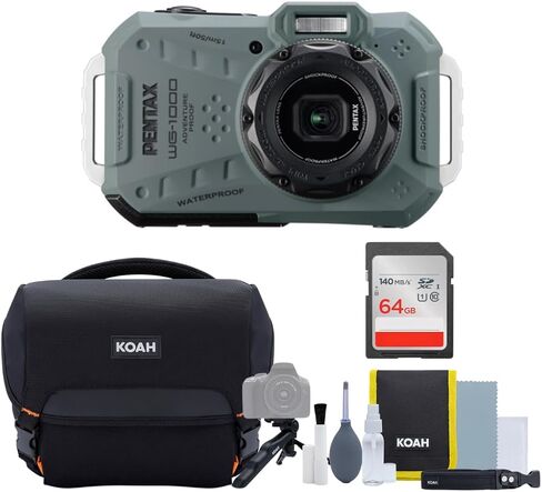 Ricoh Pentax WG-1000 All-Weather Compact Camera with 4X Optical Zoom and 20 Color Modes (Olive) Bundle with Gadget Bag with Accessory and Cleaning Kit, and 64GB SDXC UHS-I Memory Card (3 Items) in Kuwait