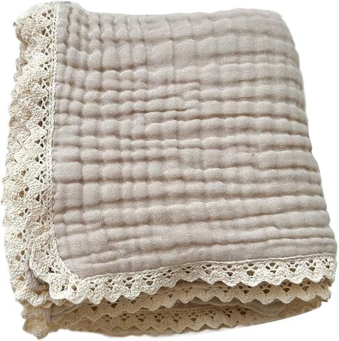 Cotton Gauze Blanket With Delicate Lace Trim - Newborn Swaddles - Beige - 41x41 inches in Kuwait