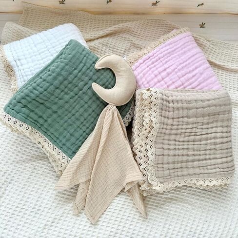 Cotton Gauze Blanket With Delicate Lace Trim - Newborn Swaddles - Beige - 41x41 inches in Kuwait