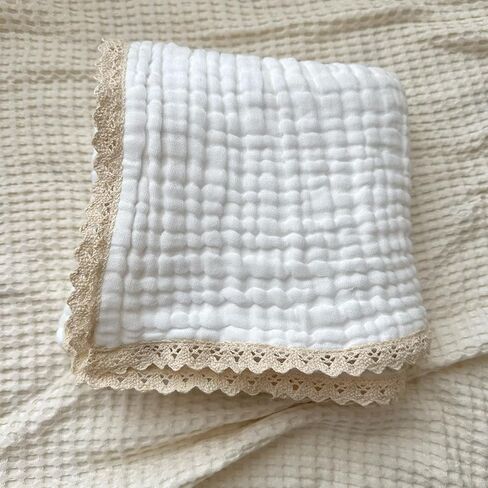 Cotton Gauze Blanket With Delicate Lace Trim - Newborn Swaddles - Beige - 41x41 inches in Kuwait