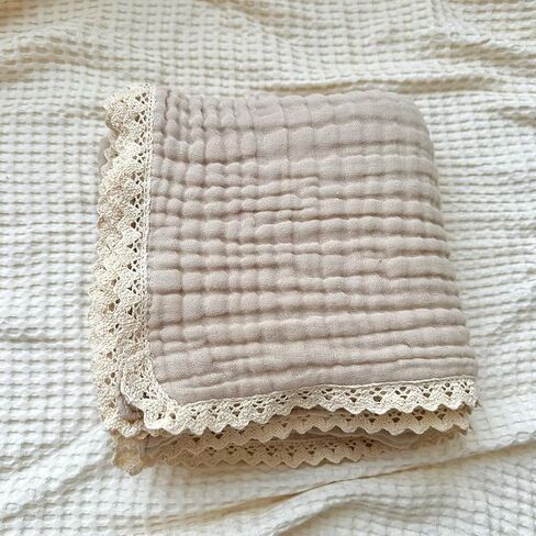 Cotton Gauze Blanket With Delicate Lace Trim - Newborn Swaddles - Beige - 41x41 inches in Kuwait