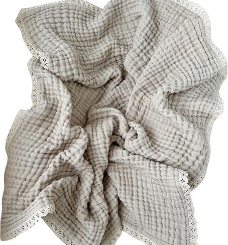 Cotton Gauze Blanket With Delicate Lace Trim - Newborn Swaddles - Beige - 41x41 inches in Kuwait