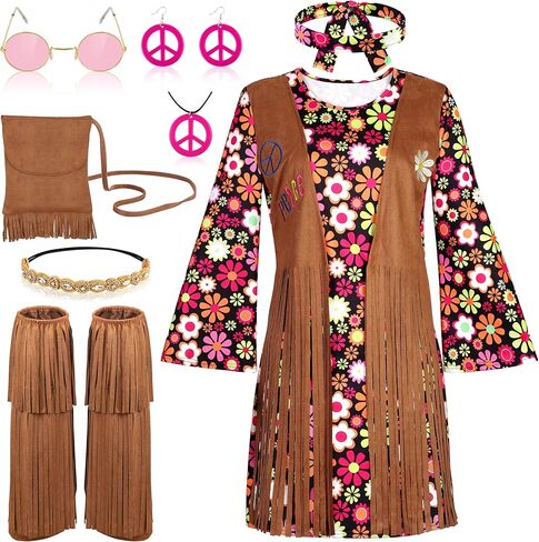 AOTHSO 8 Piece 70s Women Hippie Costume Peace Sign Earring Necklace Headband Dress Leg Sleeves Tassel Bag for Halloween Disco in Saudi Arabia