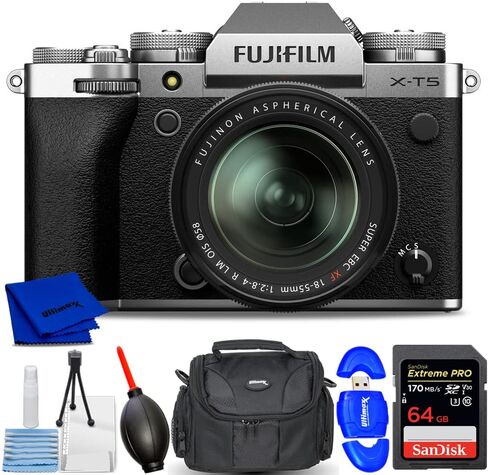 كاميرا PIxel Hub FUJIFILM Fuji X-T5 بدون مرآة مع عدسة 18-55 مم (فضي) - حزمة ملحقات مكونة من 7 قطع تشتمل على: بطاقة SD سعة 64 جيجابايت، وقارئ بطاقات، وحقيبة أدوات، ومنفاخ. طقم القماش والتنظيف in Kuwait