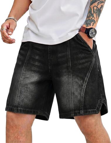 Heyfanee Mens Baggy Jean Shorts Loose Fit Elastic Waist Denim Shorts 7 Inch Inseam in Saudi Arabia