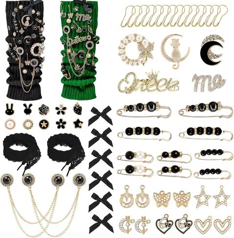 YLOKO 98PCS Junk Socks & Shoes Charms Kit with Rhinestone Brooches, Pearl Gold Safety Pins, Black Bows and Lace Shoelaces, DIY Jewelry Accessories for Socks Sneakers Clothes Bags Hats in Saudi Arabia