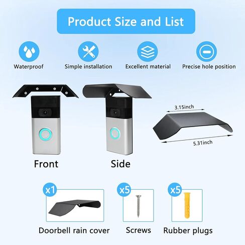 Stainless Steel Doorbell Rain Cover Compatible with Ring Battery Doorbell(2024)/Plus/Pro/Wired Doorbell Pro, Sun Rain Shade Hood Weatherproof Anti-Glare Protector, Outdoor Doorbell Accessories Black in Kuwait