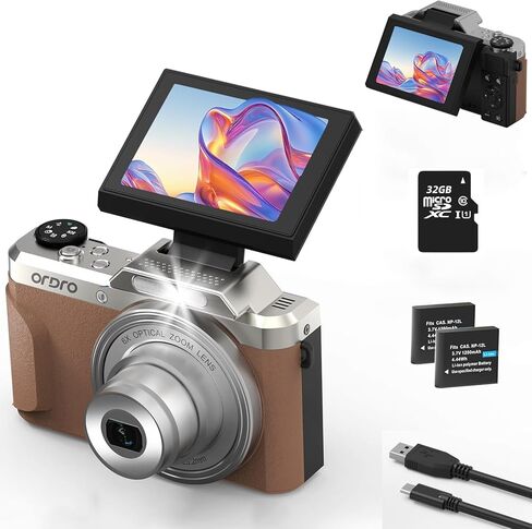 كاميرا رقمية 4K للتصوير الفوتوغرافي ORDRO D27، كاميرا تسجيل فيديو واي فاي بدقة 64 ميجابكسل لليوتيوب، كاميرا فيديو بتكبير بصري 6X مع شاشة قابلة للطي 180 درجة، بطاقة SD سعة 32 جيجابايت، بطاريتان in Kuwait