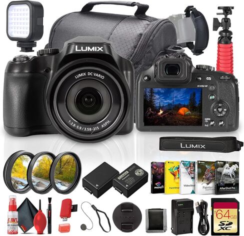 Panasonic Lumix FZ85D / FZ80D Digital Camera 18.1MP MOS Sensor 60x Optical Zoom 20-1200mm Equivalent 4K30 Video Bundle with 64GB Memory Card + Flexible Tripod + Bag + LED Light + More (13 Items) in Kuwait