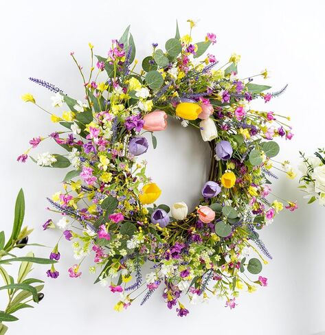22 Inches Spring Wreaths for Front Door Rustic Summer Door Wreath Colorful Spring Floral Wreaths Farmhouse Easter Tulip Wreath for Window Front Porch Home Indoor Inside Outside Decoration in Saudi Arabia