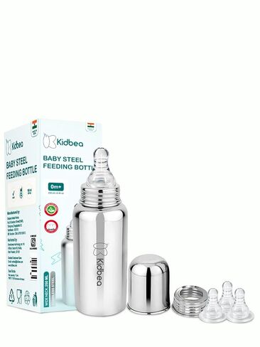 Kidbea Stainless Steel Infant Baby Feeding Bottle, BPA Free, Anti-Colic, Plastic-Free, Medium-Flow (Steel Bottle with Extra Nipples) in Kuwait
