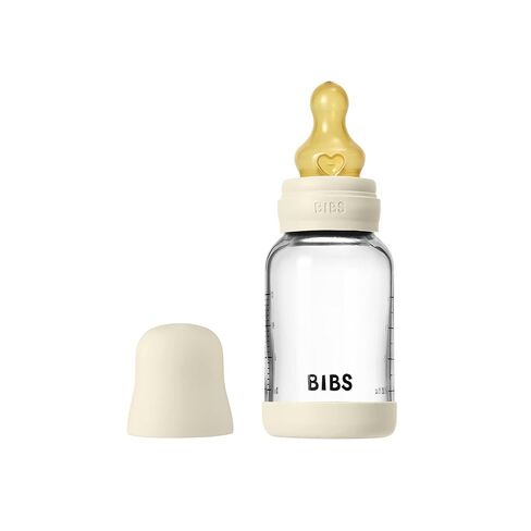 BIBS Baby Glass Bottle. 4 US fl oz / 120 ml. Anti-Colic. Vented Round Natural Rubber Latex Nipple. Supports Natural Breastfeeding, Slow Flow, Complete Set - Ivory in Kuwait