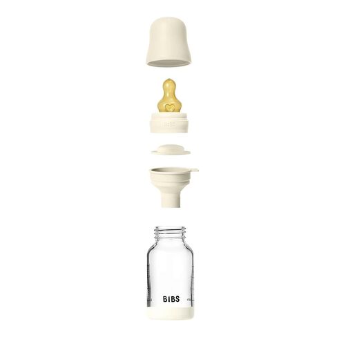 BIBS Baby Glass Bottle. 4 US fl oz / 120 ml. Anti-Colic. Vented Round Natural Rubber Latex Nipple. Supports Natural Breastfeeding, Slow Flow, Complete Set - Ivory in Kuwait