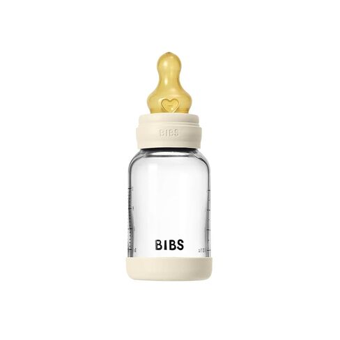 BIBS Baby Glass Bottle. 4 US fl oz / 120 ml. Anti-Colic. Vented Round Natural Rubber Latex Nipple. Supports Natural Breastfeeding, Slow Flow, Complete Set - Ivory in Kuwait