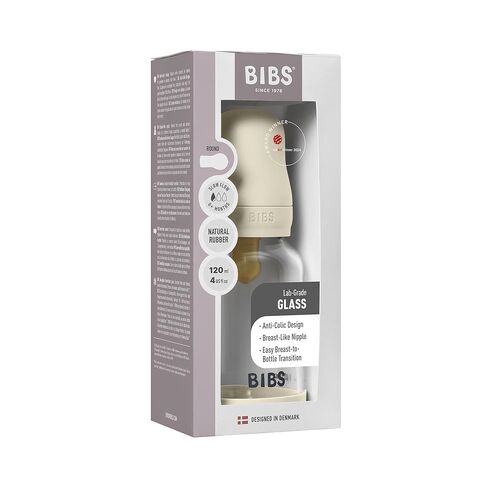 BIBS Baby Glass Bottle. 4 US fl oz / 120 ml. Anti-Colic. Vented Round Natural Rubber Latex Nipple. Supports Natural Breastfeeding, Slow Flow, Complete Set - Ivory in Kuwait