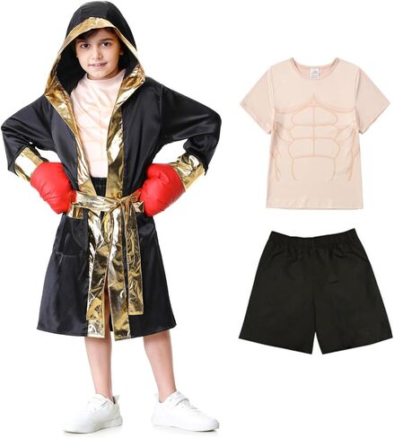 yolsun Boxing Costume For Kids Hooded Robe Satin Boxer Cosplay With Shorts, Muscle Shirt Set in Saudi Arabia