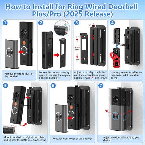 Doorbell Mount for Ring Wired Doorbell Plus/Pro(2025/2021 Release)/Ring Video Doorbell Wired(2024 Release), 35-145° Left/Right Adjustable Angle Ring Doorbell Camera Wall Wedge Bracket No-Drill in Kuwait