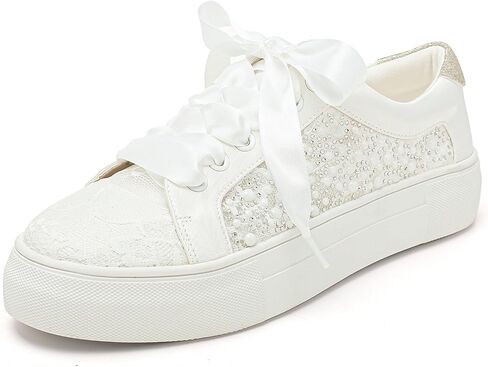 Elivandon 9993 Wedding Shoes Lace Bridal Sneakers 1.46" Platform Bride Tennis Shoes Sparkling Rhinestone Wedding Sneakers in Kuwait