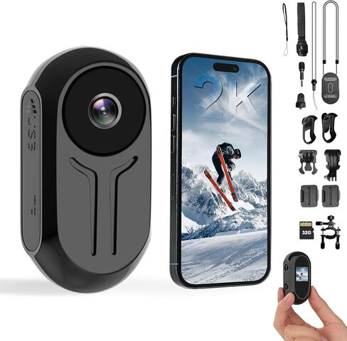 2K Body Cam, Thumb Action Camera Wearable POV Cam with 32GB Card, Multi Accessories & APP for Sports Ski Travel in Kuwait