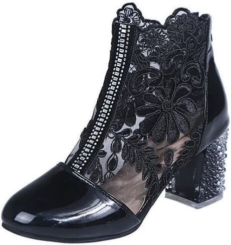 Mesh Lace Booties for Women Rhinestones High Block Heels Ankle Boots Fashion Wedding Shoes Back Zipper Comfortable Breathable Chunky Dress Party Booties Sandals in Kuwait