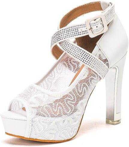 getmorebeauty Women's Lace Block High Heels Sandals Rhinestone Crisscross Ankle Strap Open Toe Platform Wedding Dressy Shoes in Kuwait