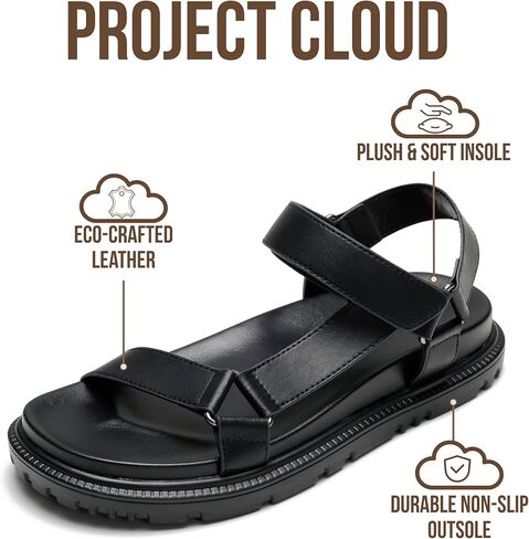 صنادل Project Cloud للنساء - صنادل نسائية علوية مصنوعة صديقة للبيئة مع أشرطة قابلة للتعديل - نعل داخلي قطيفة وناعم - صنادل مقاومة للماء ونعل خارجي غير قابل للانزلاق (DAGGER، BLK، 10) in Kuwait