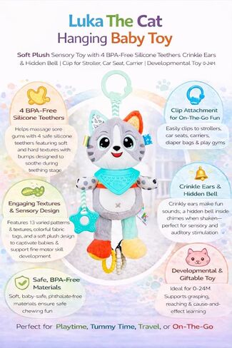 Balibazoo Luka The Cat Hanging Baby Toy – Soft Plush Sensory Toy with 3 BPA-Free Silicone Teethers, Crinkle Ears & Hidden Bell | Clip for Stroller, Car Seat, and Carrier | Developmental Toy 0-24M in Kuwait