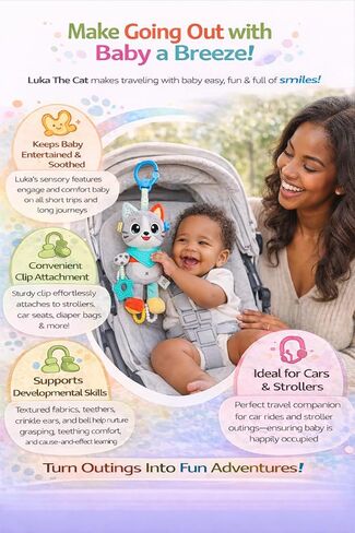 Balibazoo Luka The Cat Hanging Baby Toy – Soft Plush Sensory Toy with 3 BPA-Free Silicone Teethers, Crinkle Ears & Hidden Bell | Clip for Stroller, Car Seat, and Carrier | Developmental Toy 0-24M in Kuwait