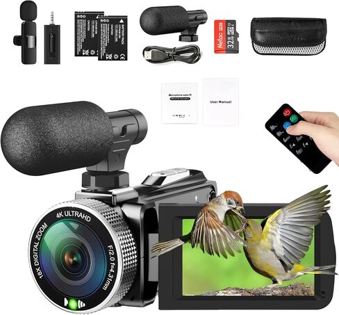 4K Video Camera Camcorder - 48MP 30FPS with Wireless Lavalier Mic & External Mic | 3" Ultra HD Screen, 18X Digital Zoom | Vlogging/YouTube Recorder + 32GB SD Card Included in Kuwait