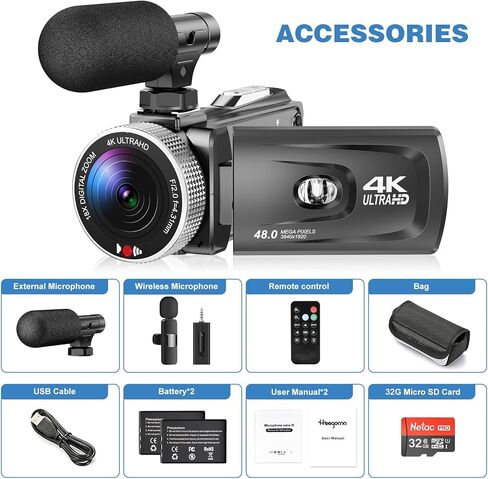 4K Video Camera Camcorder - 48MP 30FPS with Wireless Lavalier Mic & External Mic | 3" Ultra HD Screen, 18X Digital Zoom | Vlogging/YouTube Recorder + 32GB SD Card Included in Kuwait