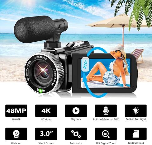4K Video Camera Camcorder - 48MP 30FPS with Wireless Lavalier Mic & External Mic | 3" Ultra HD Screen, 18X Digital Zoom | Vlogging/YouTube Recorder + 32GB SD Card Included in Kuwait