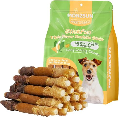 MON2SUN Dog Treats, 5 Inch Triple Flavor Chicken Pumpkin and Duck Wrapped Rawhide Sticks, Teeth Cleaning for Small and Medium Dogs, 21.16 oz (30 Count) in Saudi Arabia