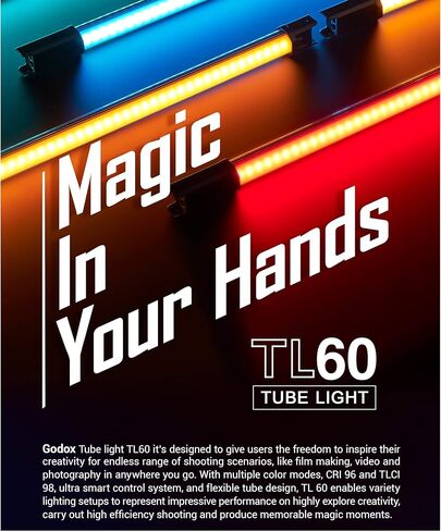 Godox TL60-K4 RGB Tube Light Kit,CRI 96 TLCI 98,Color Temper 2700K~6500K,100% Brightness (LUX),39 FX Effects,2.4G Wireless,Support APP Control/DMX Control (Four lamp kit) in Kuwait