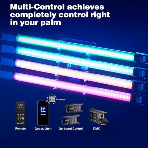 Godox TL60-K4 RGB Tube Light Kit,CRI 96 TLCI 98,Color Temper 2700K~6500K,100% Brightness (LUX),39 FX Effects,2.4G Wireless,Support APP Control/DMX Control (Four lamp kit) in Kuwait