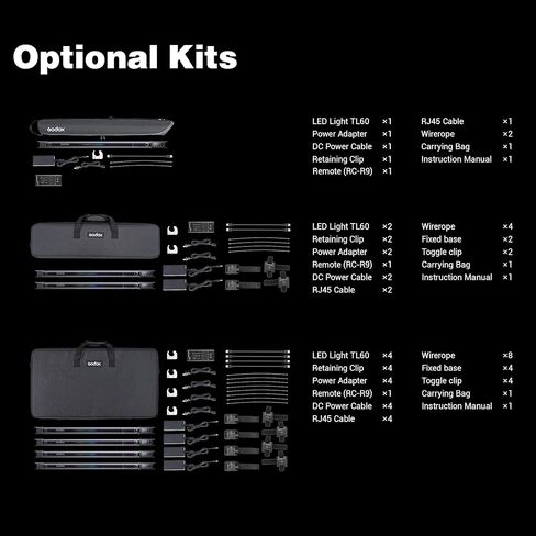 Godox TL60-K4 RGB Tube Light Kit,CRI 96 TLCI 98,Color Temper 2700K~6500K,100% Brightness (LUX),39 FX Effects,2.4G Wireless,Support APP Control/DMX Control (Four lamp kit) in Kuwait