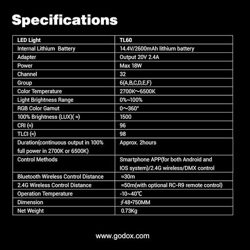 Godox TL60-K4 RGB Tube Light Kit,CRI 96 TLCI 98,Color Temper 2700K~6500K,100% Brightness (LUX),39 FX Effects,2.4G Wireless,Support APP Control/DMX Control (Four lamp kit) in Kuwait