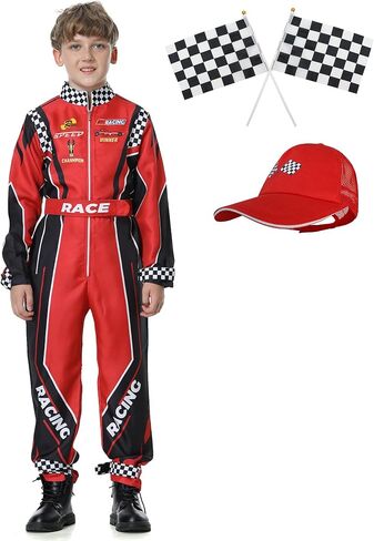 Race Car Driver Costume Boys Racer Jumpsuit With Car Cap Kids Dress Up for Halloween in Kuwait