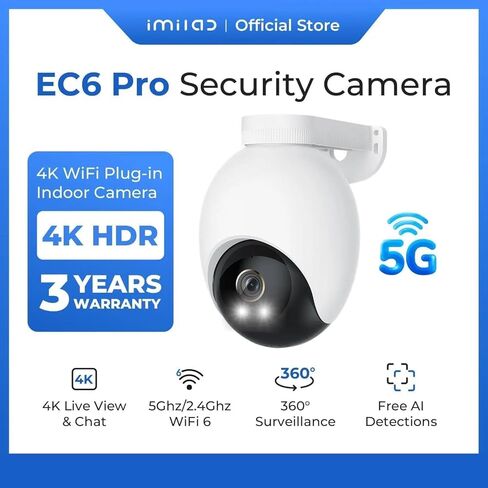 IMILAB EC6 Pro 4K Wired Outdoor Security Camera, 5GHz WiFi Plug-in Outdoor Camera for Home Security w/Spotlight, 360° Rotation, Free Detect & Tracking, Waterproof, 24/7 Local Recording, No Monthly Fee in Kuwait