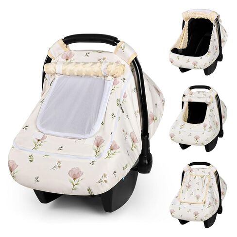 SWESEN Car Seat Cover Baby, Summer Carseat Covers Baby Girl, Easy Access carseat Canopy Snug Fit Baby Stroller, Dual-Layer Protection, Cooling Mesh & Roll-Up Sun Shade, Floral in Kuwait