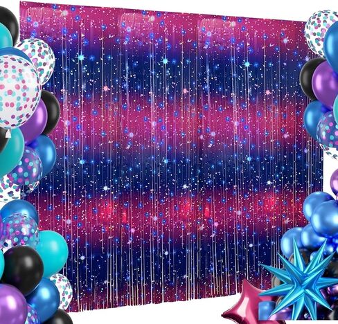 6 قطع من ستائر Galaxy Foil خلفية لتزيين الحفلات بطابع الفضاء، ستائر بهرج زرقاء مقاس 3.3 × 6.6 قدم، أهداب من رقائق معدنية لكشك الصور، عيد ميلاد في الفضاء الخارجي أو حفلة غريبة in Kuwait