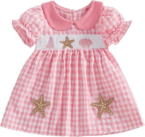 Toddler Girl Summer Dress A-line Plaid Short Puff Sleeve Doll Collar Letter Bow Embroidery Dresses Big Sis Clothes in Kuwait