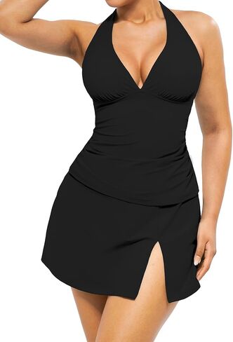 Popilush Womens Tankini Bathing Suits - with Skirt Two Piece Tummy Control Shapewear Swimsuits Halter Ruched Swimwear in Saudi Arabia