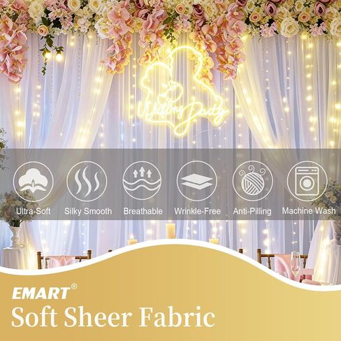 EMART White 10x10ft Tulle Backdrop Curtains with Lights String,Sheer Backdrop Curtains for Wedding, Baby Shower,Photoshoot, Birthday Party Decoration in Saudi Arabia