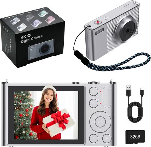 Digital Camera, Camera for Kids, UHD 4K 72MP Point and Shoot Digital Cameras with 32GB Memory Card and 16X Digital Zoom Anti Shake, Compact Portable Small Gift for Boys Girls Students Silver in Kuwait